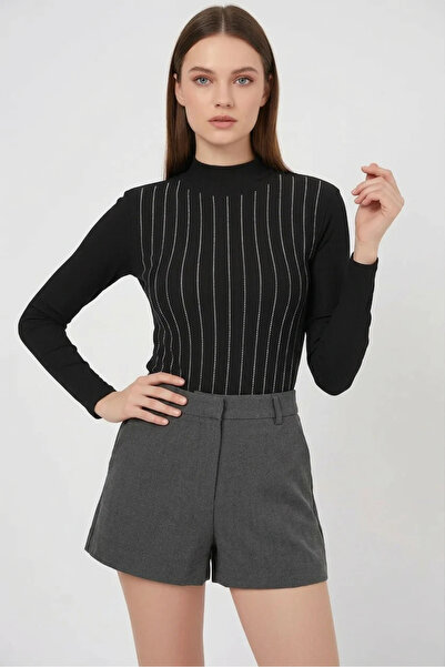 buğrahayalin Women's Turtleneck Black Bodysuit with Stones and Vertical Stripes