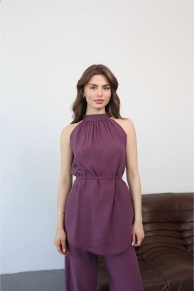 buğrahayalin Women's halter neck double set with belt detail