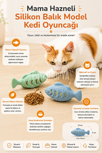 Ödül Hazneli Silikon Balık Kedi Oyuncağı Mama Hazneli İnteraktif Kedi Oyuncağı Yavaş Beslenme Oyuncağı