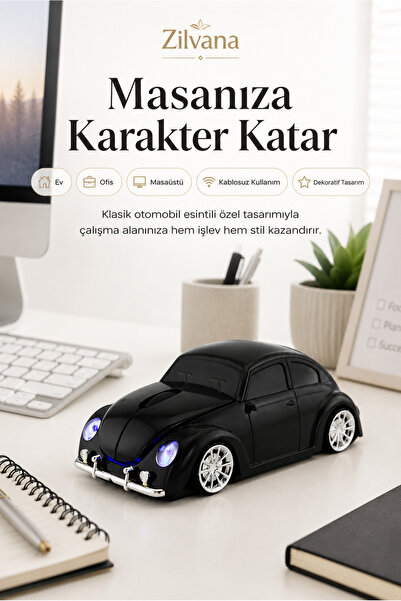 Zilvana Klasik Siyah Beetle Vosvos Tasarımlı 2.4G Kablosuz Mouse USB Alıcılı ...