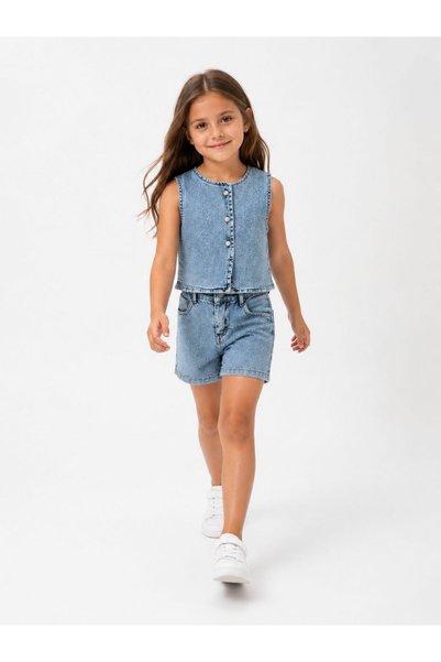 Kidscocuk Girl's Stone Detailed Vest and Jean Shorts Set with Double Pockets Summer Set 2-10 Years