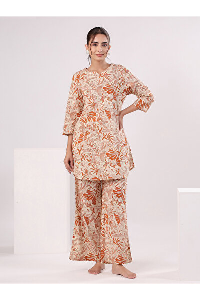 Sanskrutihomes By Styli Beige Tropical Round Neck Cotton Top and Pyjama Set