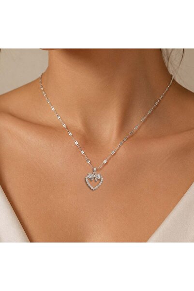Bk Gift Women's Necklace with Heart-Shaped Bow and Stone Detail - Non-Tarnish...