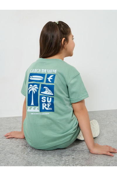 Styli Girls Green Surf Graphic Print T-Shirt and Shorts Set