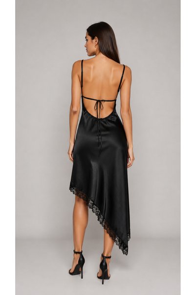 MODA Women's Black Satin Strappy Asymmetrical Midi Dress with Lace Detail