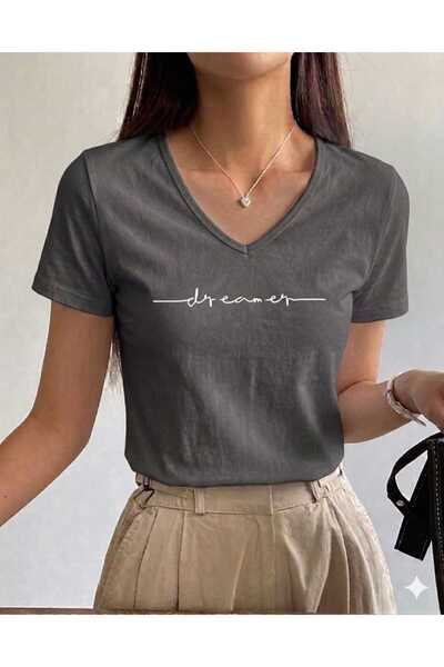 NOFLEN DREAMER Kadın V-Yaka Basic Baskısız Rahat Kalıp T-Shirt