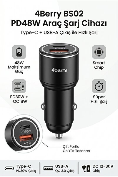 4 Berry BS02 PD48W Dual Port Araç Şarj Cihazı – Type-C PD30W + USB-A QC3.0 48...