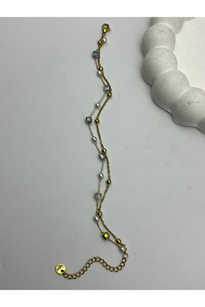 BİJU YILMAZ 26Blk14 -Cm Gold Steel Bracelet with Pearl and Crystal Detail