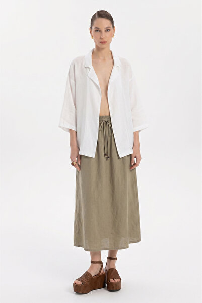 İpekçi Otantik Linen Long Bell Skirt Olive
