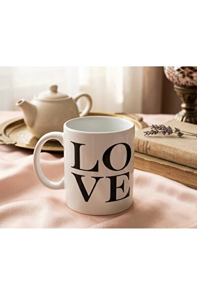 GÜVEN Ceramic Mug with Handle and Love Written on It, Gift Idea