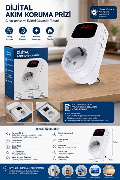 Cata CT-9187 Dijital Akım Korumalı Priz 4000W LED Ekranlı Voltaj Regülatörü 1...