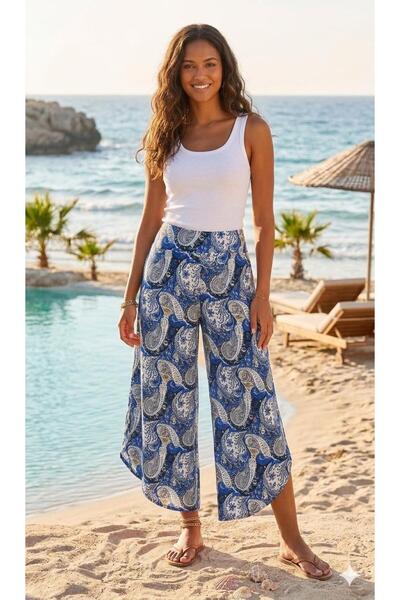 520CK Women's Blue Shawl Patterned Viscose Trousers with Side Slits - Bohemia...