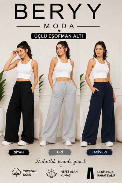 BERYY MODA Triple Women's Black Gray Navy Blue Wide Leg Sweatpants - High Wai...