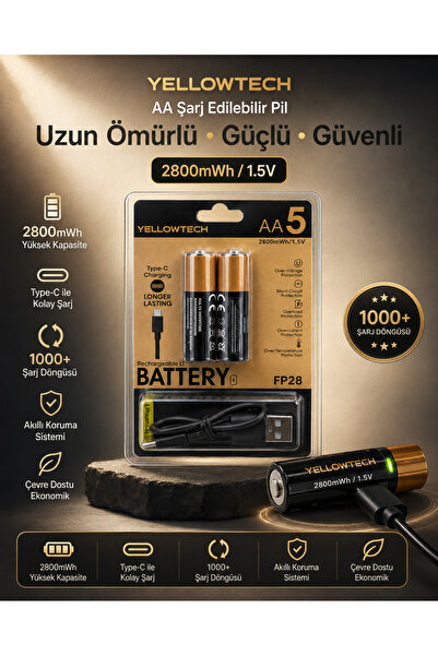 Yellowtech 4’lü AA Kalın Tip Kalem Pil Şarj Edilebilir 2800mWh 1.5V Type-C Şarjlı 2 Paket x 2 Adet