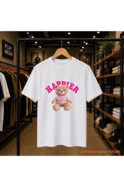playwear Happier Printed 100% Cotton Oversize Loose Regular Fit Crew Neck T-S...