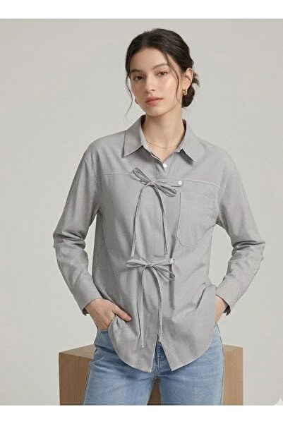 EsSo butik Women's Black and White Striped Oversized Shirt with Bow Detail