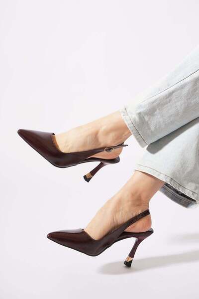 Moda Pie Tetas Open Back Metal Heeled Women's Heeled Shoes Burgundy Wrinkled