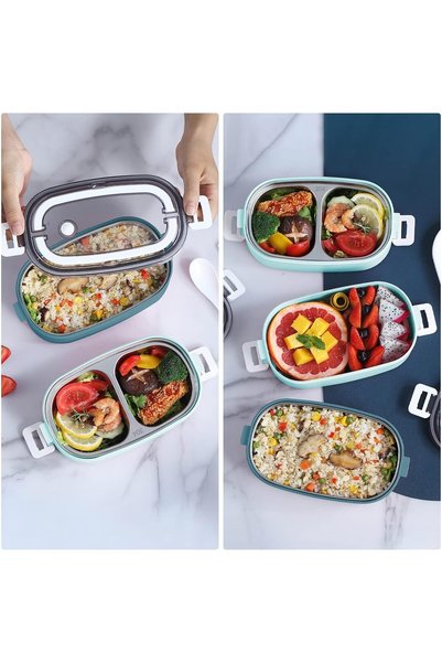 HI-FINE (ag32ad4)Lunch Box, 2 Tier Stainless Steel Bento Lunch Box with 3 Compartments and Cutlery (Spoon & Fork) for Kids and Adults, Leakproof | BFA Free | Allow Dishwasher 1400ml (Blue)