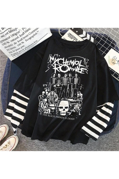 dompulerimoda My Chemical Romance Baskılı Fake Sleeves Oversize Unisex Siyah ...