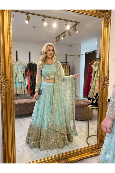 Aashiv's Collection Gelinlik Hint Lehenga Choli Takımı Turkuaz İşlemeli
