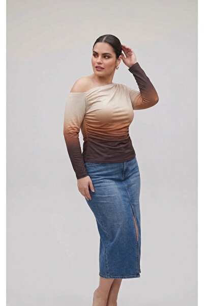 BLOUSE Büyük Beden Soyut Desenli Düşük Omuz Bluz