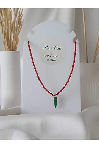 La fee aksesuar Green Chili Hot Luck Pepper Women's Red Bead Necklace Short C...
