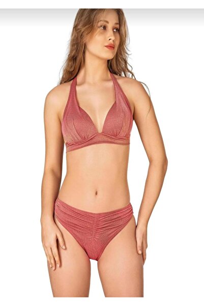 aykidsclup Women's Front Gathered Detailed Half Padded Glittery Pink Bikini S...