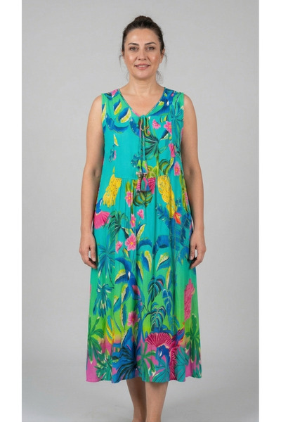 Sibel Günay Butik XL Large Size Thick Strap Floral Patterned Natural Cotton V...