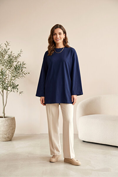 SADEL Oversize Yakası Yuvarlak Tunik - Koyu Lacivert