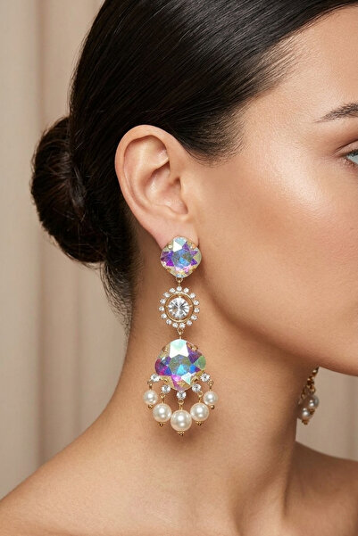 PETEK AKSESUAR Janjan Stone and Pearl Hanging Earrings 8 Cm.
