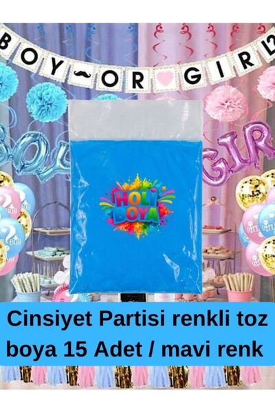 Holi cinsiyet partisi renkli toz boya - Mavi renk - 15 adet