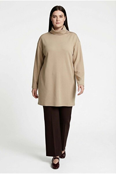 ALLDAY Beige Tunic with Zipper Detail at the Collar in Plus Size