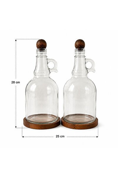 MODA OZY 2'li 1000ml Ahşap Stantlı Ahşap Kapaklı Cam Yağlık Seti Ayçiçek/Zeytin Yağı Etiketli