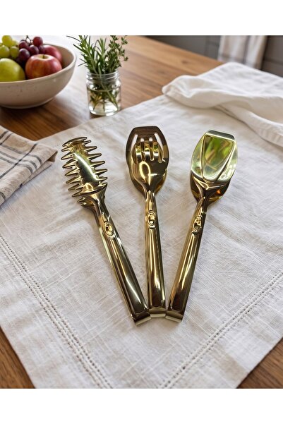 SEÇKİNEV 3 Piece 430 Steel Non-Toxic Stainless Gold& Silver Tongs Set