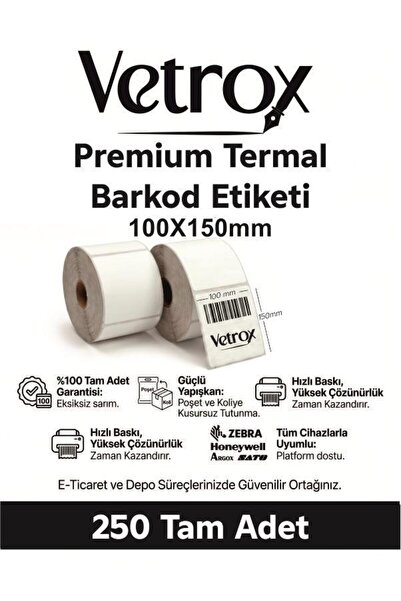 vetrox 1.KALİTE TERMAL BARKOD ETİKETİ 100X150 mm 250 Adet-TAM ADET