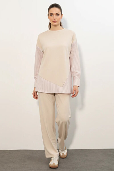 Şeker Portakalım Women's Round Neck Striped Beige Set