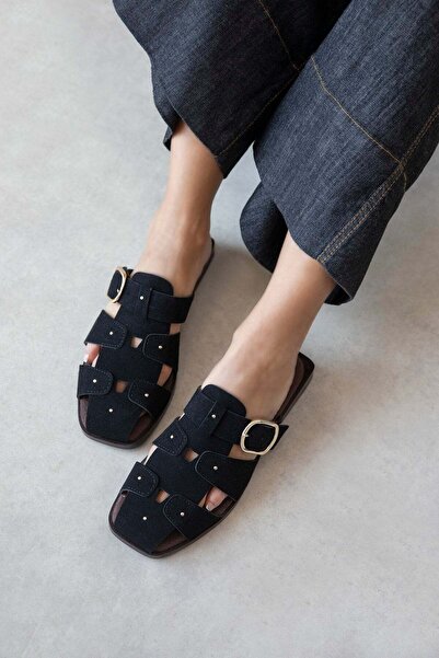 STRASWANS Fers Women's Belt Detail Flat Sole Suede Slippers Black