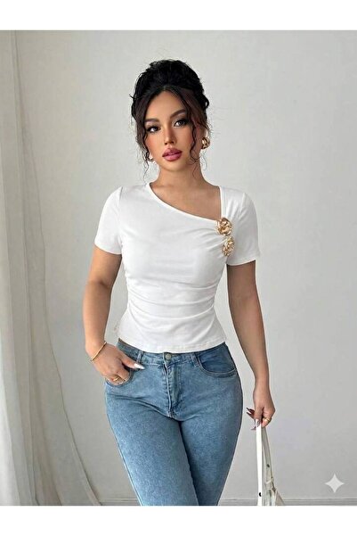 STYLE STOP Women's Asymmetrical Collar Metal Rose Detailed Slim Fit Blouse