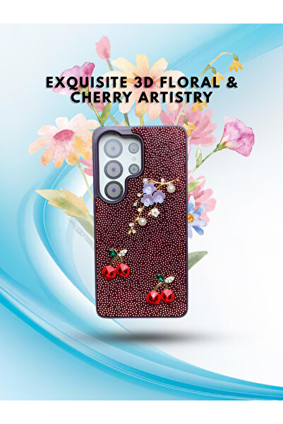 FASHION CASE غطاء هاتف فاخر ثلاثي الأبعاد مرصع بالأحجار الكريمة على شكل كرز ل...