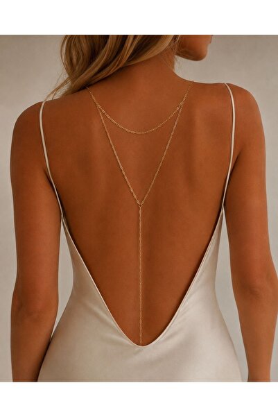 derokas Steel Back Chain Gold Color Open Back Dress Jewelry V Model Stylish E...