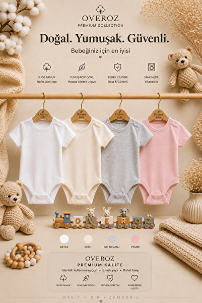Overoz 4-Piece Pink Melange Gray White Ecru Short Sleeve Baby Bodysuit Set, B...