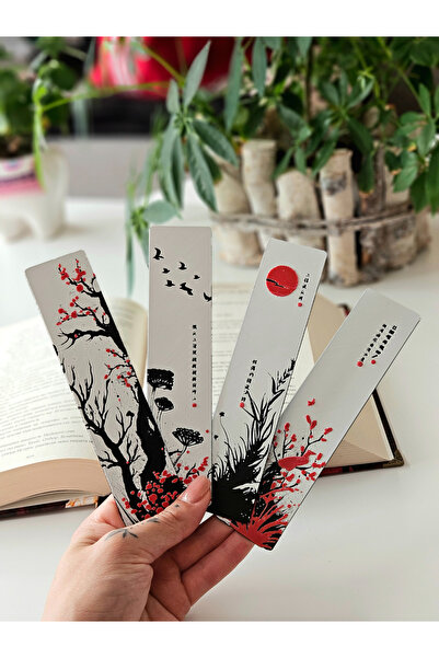 Anka Atolye 4'lü Kırmızı Sakura Çiçeği Kitap Ayracı Seti – 3D Baskı Japon Tem...