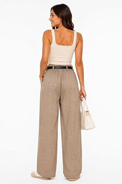 CHEVALIER FASHION Women’s Wide Leg Bee Embroidered Pants with Belt – Casual Palazzo Trousers
