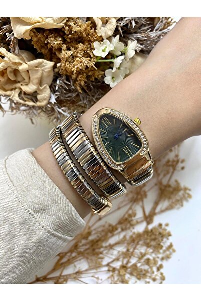 Mazzy Snake Model Stone Gold Silver Green Dial Steel Women's Wristwatch