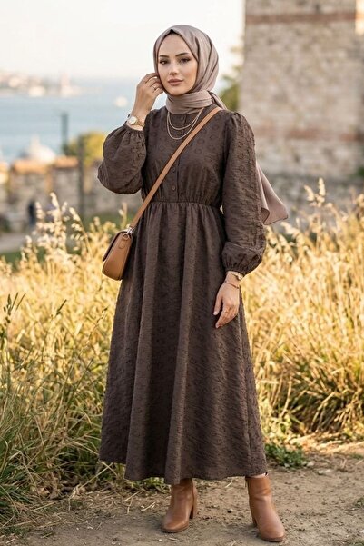 ZEROGAPRİSE Women's Waist Elastic Semi Button Detail Modal Hijab Dress