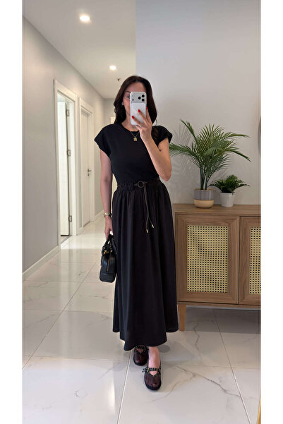 BİRCANÇİL Folksy Black Padded Belted Dress
