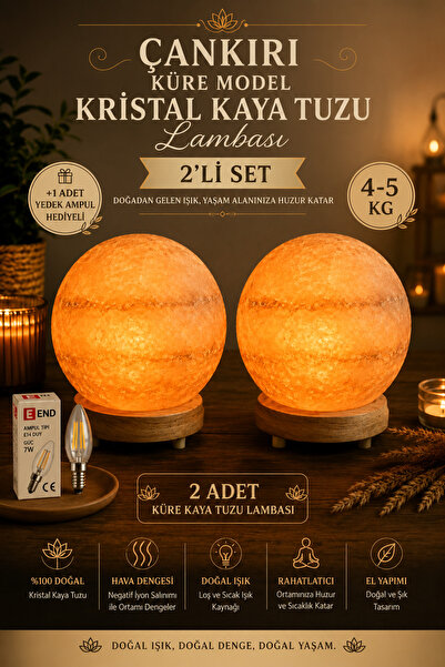 ANADOLU HASAT 2 Adet-Çankırı Küre Kaya Tuzu Lambası 4-5 Kg Ahşap Tabanlı 1,5 ...