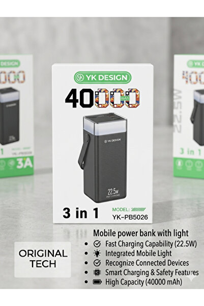 Powerbank YK Design 40000 mAh 22.5W Hızlı Şarj ve Entegre Aydınlatmalı 3'ü 1 ...