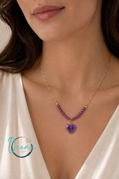 OceanDesign Handmade Ruby Stringed Amethyst Heart Pendant Natural Stone Neckl...
