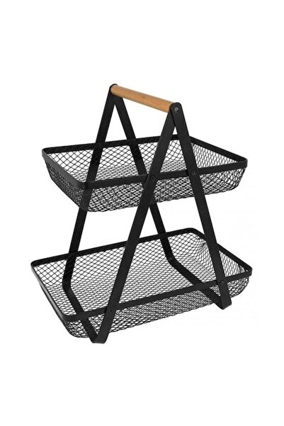 OEM Coș de fructe etajat, metal și lemn, 27x18x29cm, negru mat